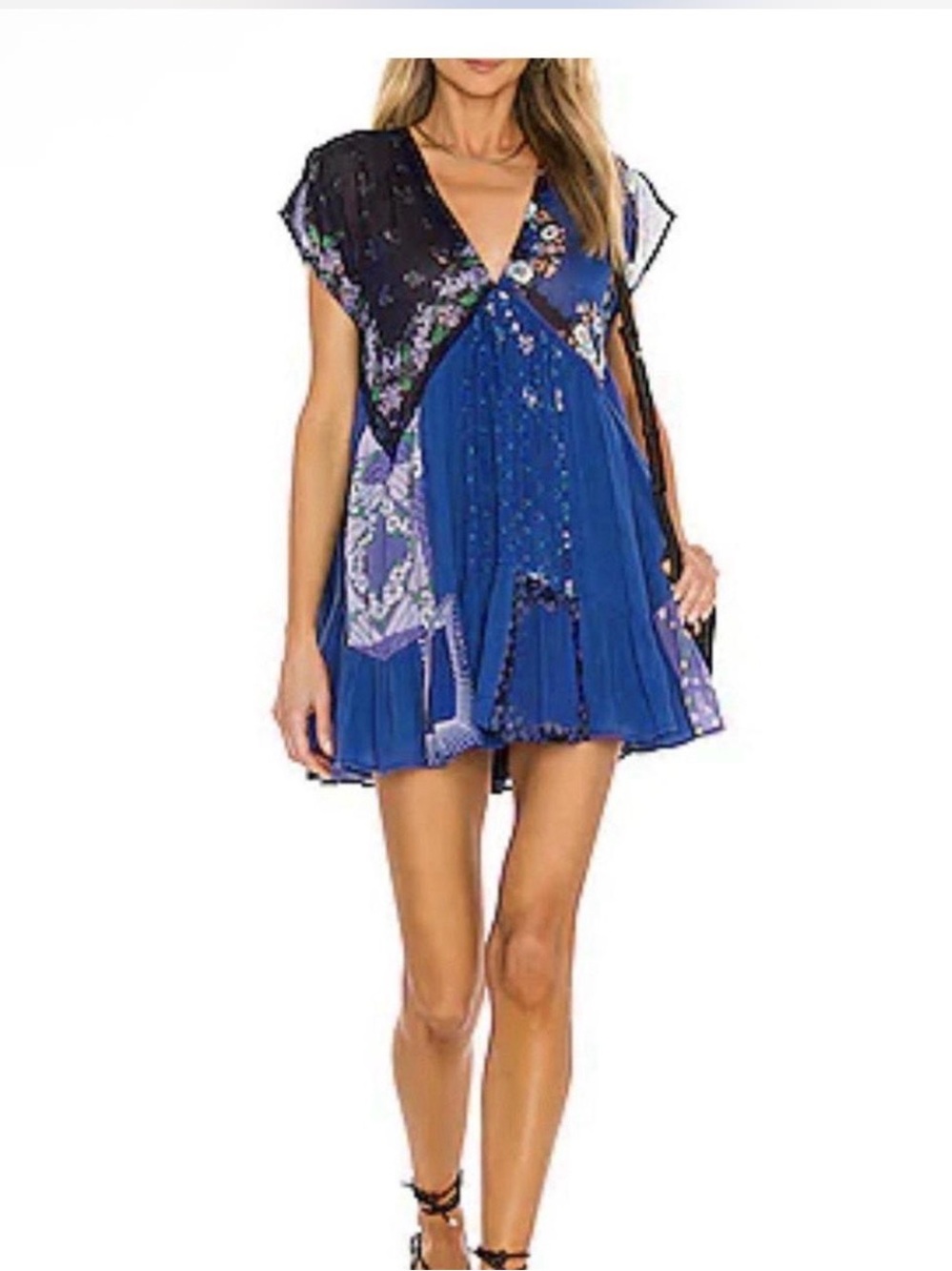 Free People Mended with Scarves Blue Patchwork V-Neck Mini Dress L